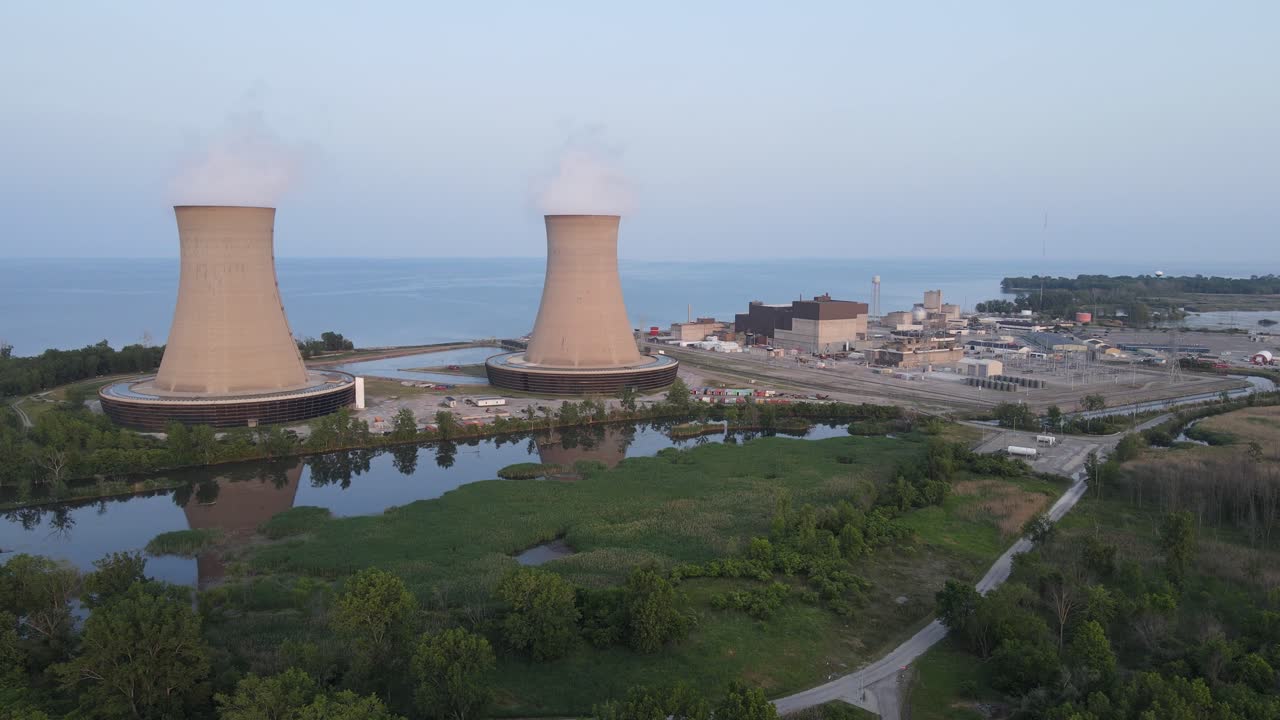 planta de energía nuclear enrico fermi ii con chimeneas de vapor, vista aérea desde un avión no tripulado