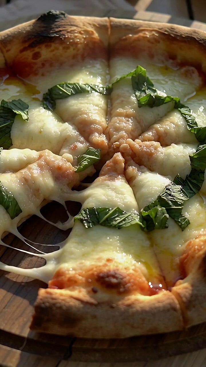 Video verticale: Una mano fuori campo solleva una fetta di pizza napoletana su un patio soleggiato