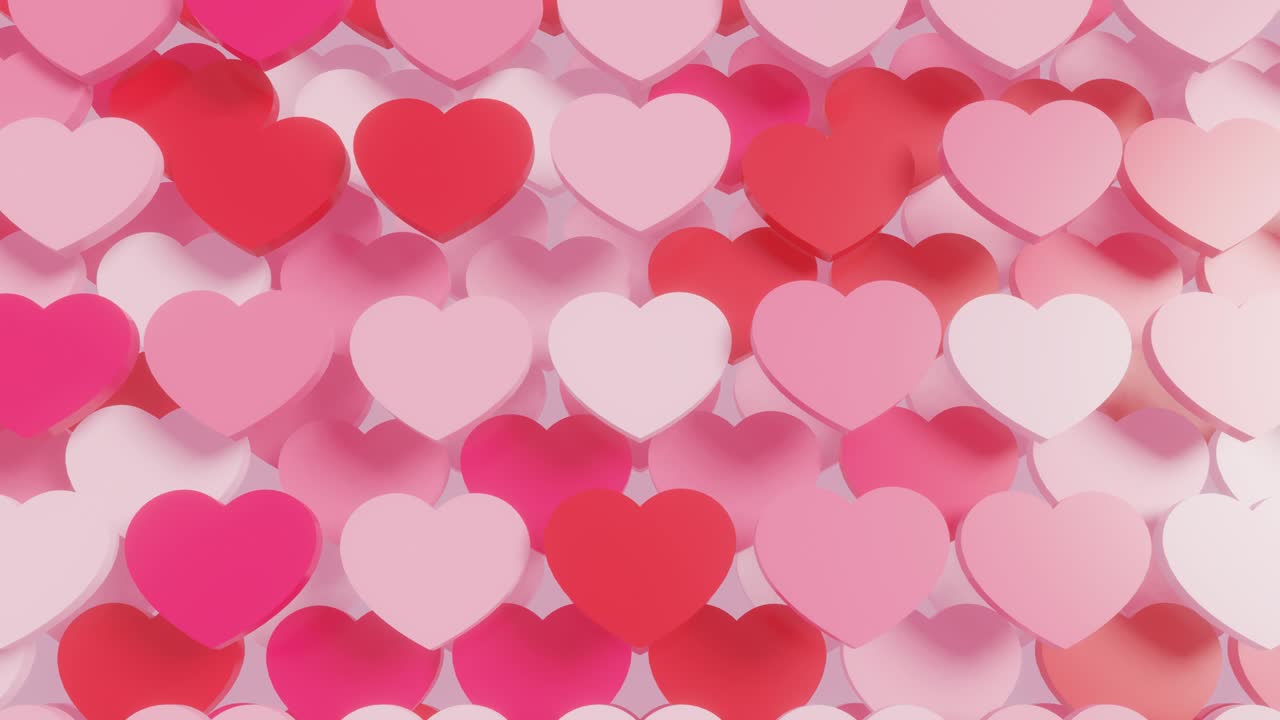 Forme di cuore su sfondo bianco. Sfondo animato in loop continuo con rendering 3D. Concetto di sfondo romantico per San Valentino