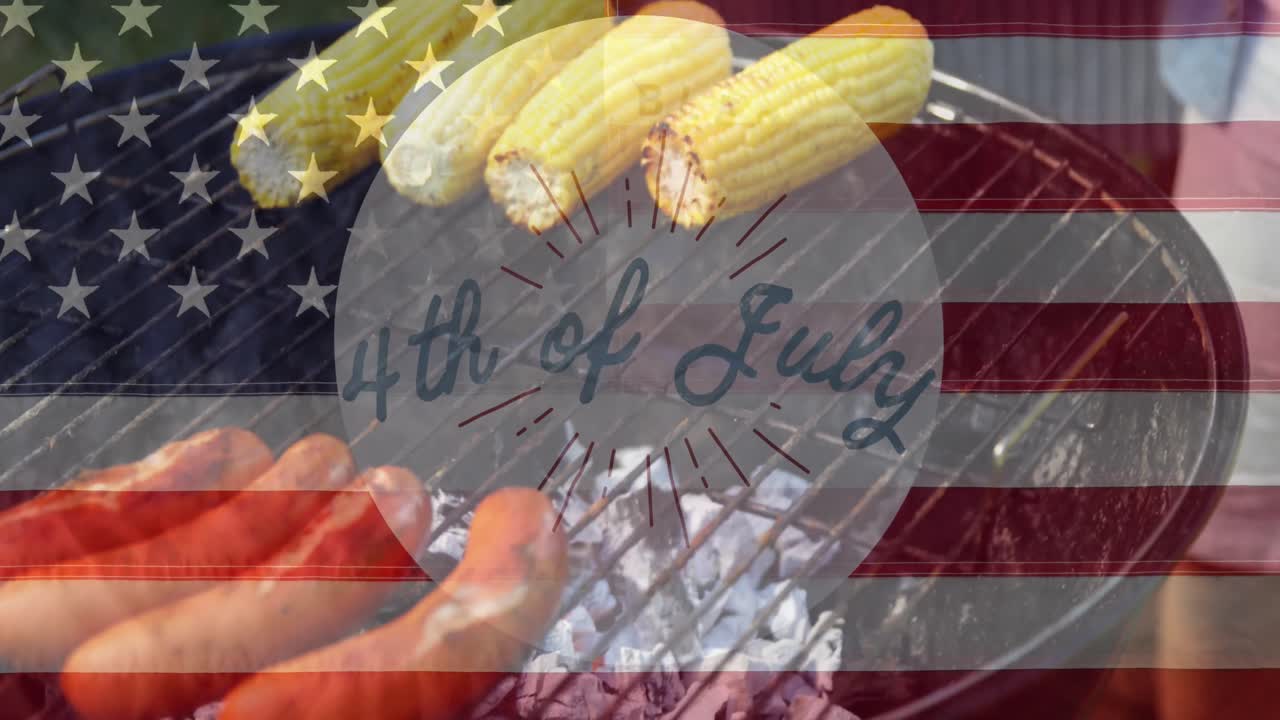 독립 문자 와 미국  ⁇ 발 이 배경 에 있는 바베큐 그릴 을 흔들고 있다