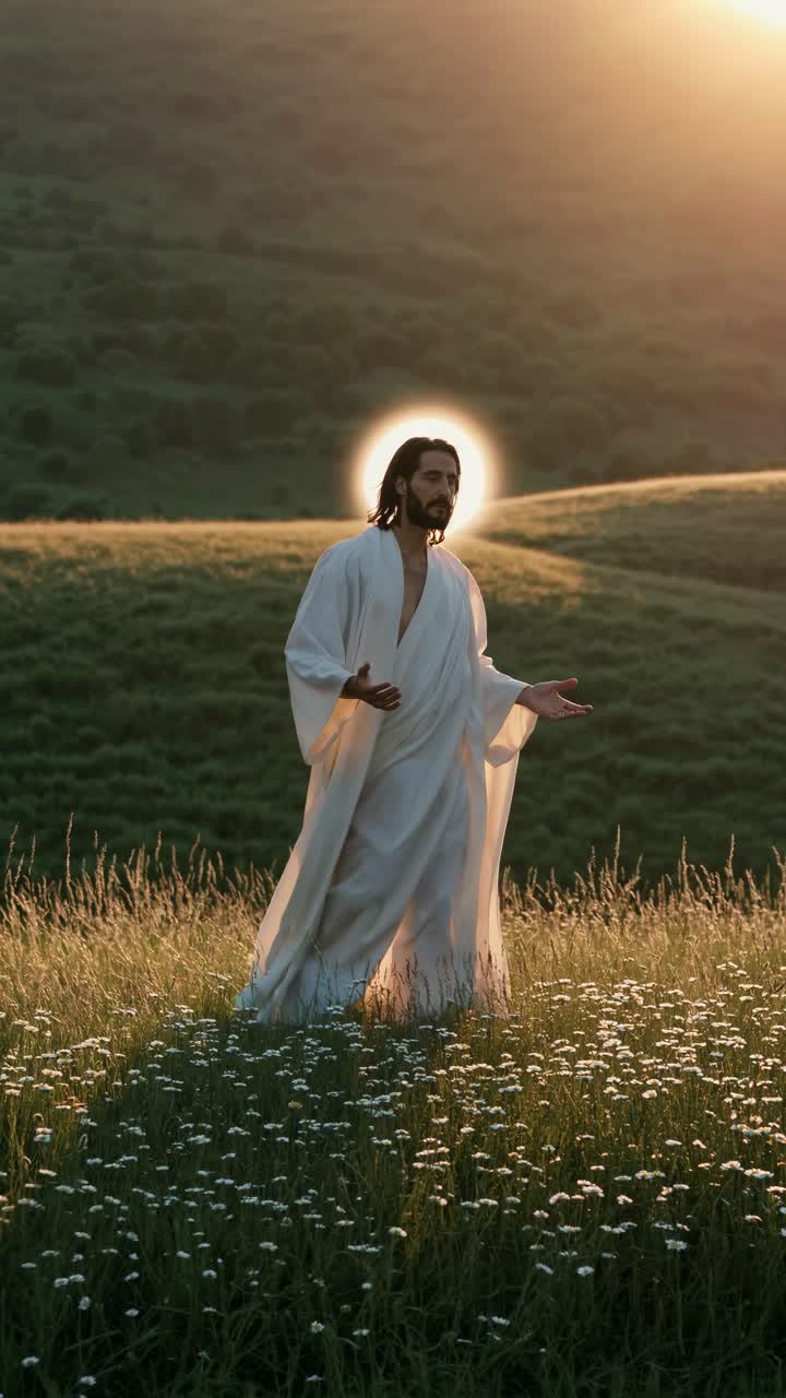 A serene video scene of a man in white robes on a sunlit hill, captured from a low angle