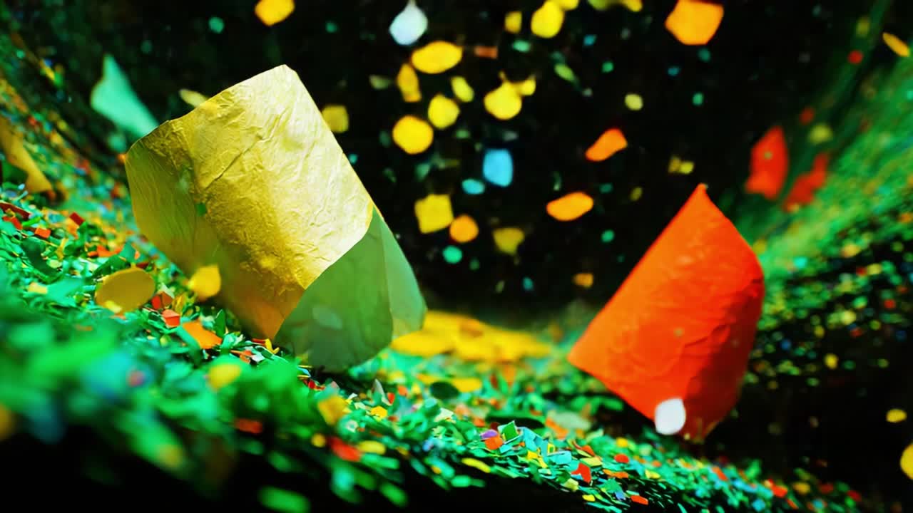 A Vibrant Celebration of Color: Dynamic Confetti Cascade Featuring Decorative Paper Cups and Festive Atmosphere, Capturing the Essence of Joyous Gatherings and Special Occasions