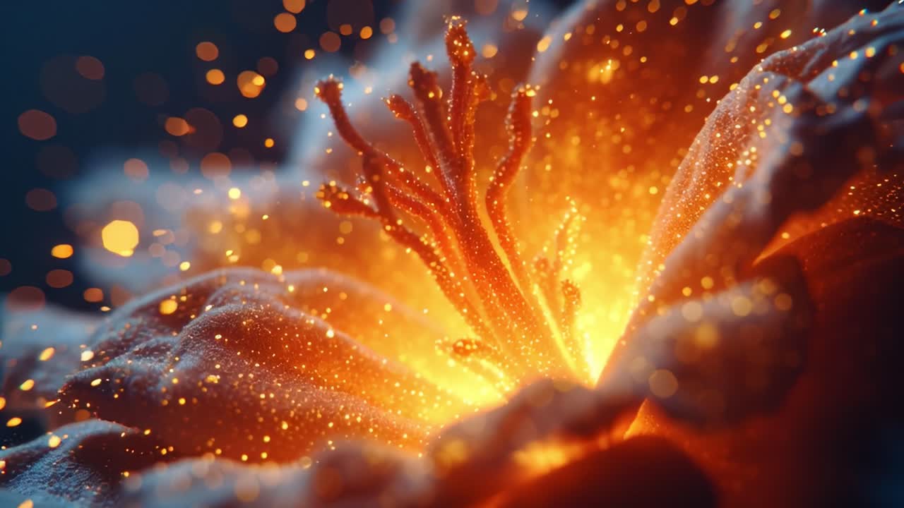 Close-Up Exploration of a Brilliantly Illuminated Flower, Showcasing Vibrant Colors and Textures Enhanced by Glittering Particles and Soft Light Effects