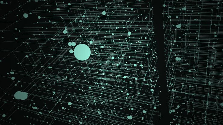 3D digital data grid matrix on dynamic tech network interface overlay