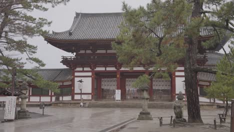 lone person with umbrella walking past todaiji temple, nara, in rainy weather