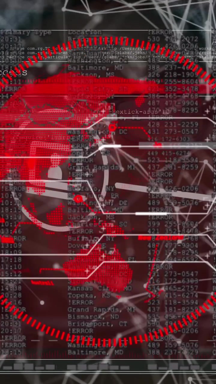 Animation of digital interface with data processing and globe over black background