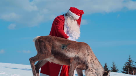 santa is petting one of his deer in a snowy field