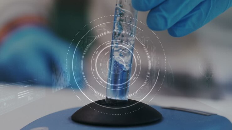Animation of scope scanning and data processing over close up of scientist working in lab