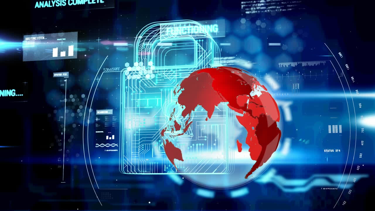 Animation of globe spinning over online security padlock and data processing