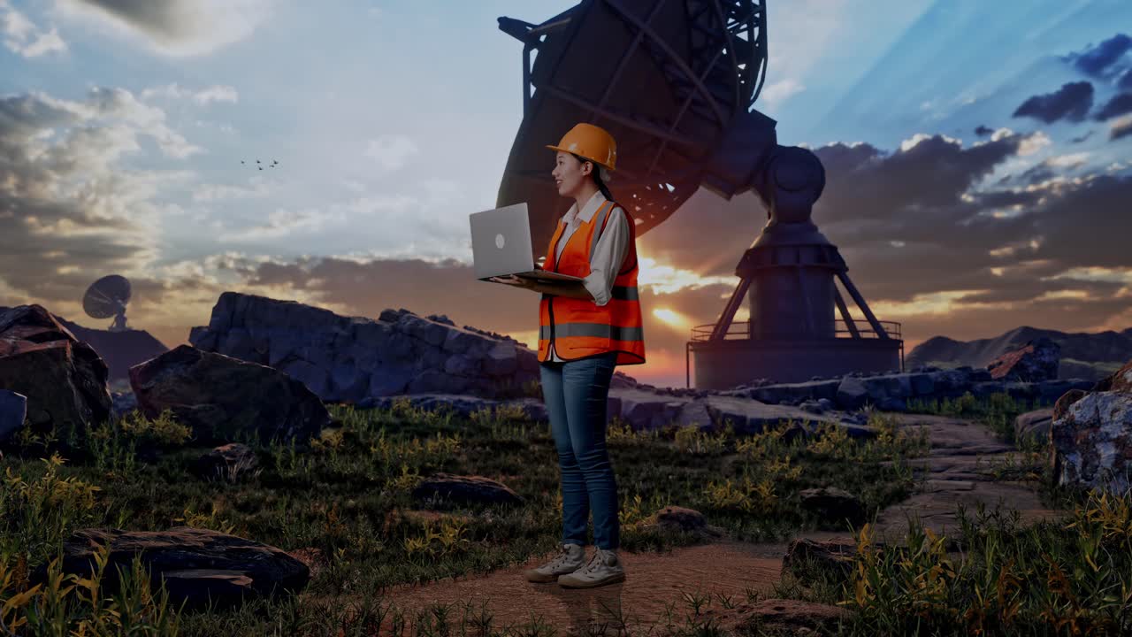 Full Body Side View Of Asian Female Engineer With Safety Helmet Working On A Laptop And Looking Around While Standing With Large Satellite Dish