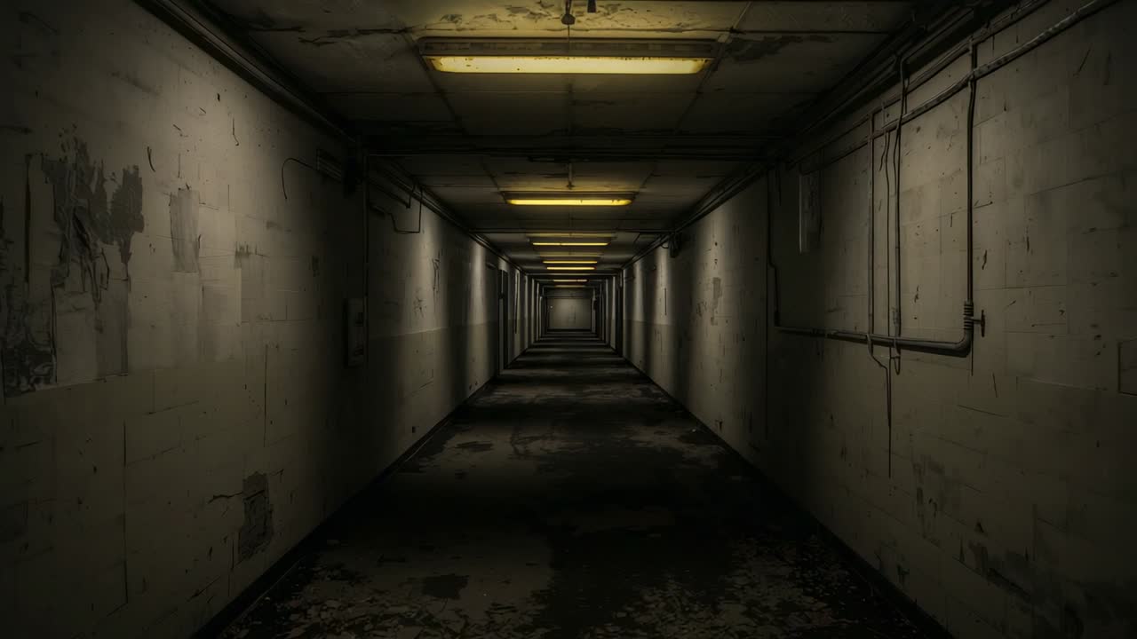 Stationary camera capturing abandoned basement corridor, with fluorescent lights and conduit