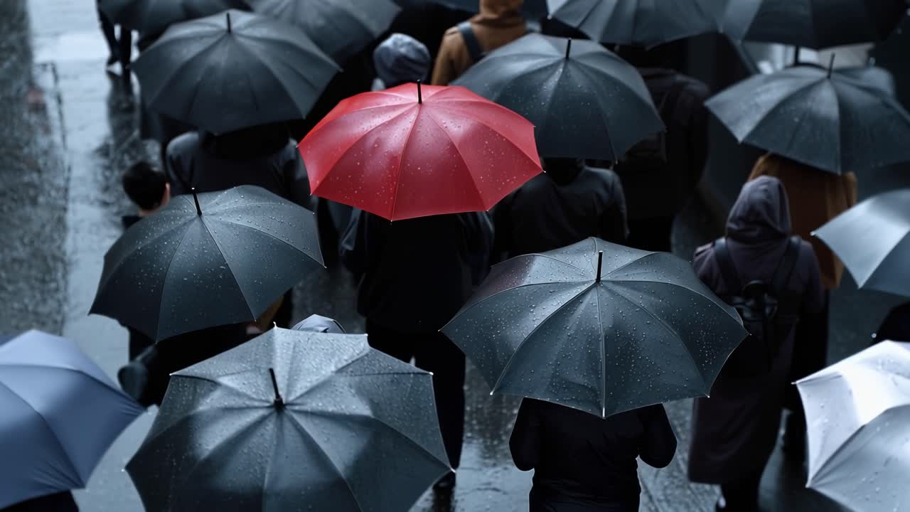 La pioggia cade su una strada affollata. Ombrelli neri dominano la scena. Un ombrello rosso vivace spicca. Le persone camminano insieme sotto il diluvio. L'ombrello rosso attira l'attenzione.