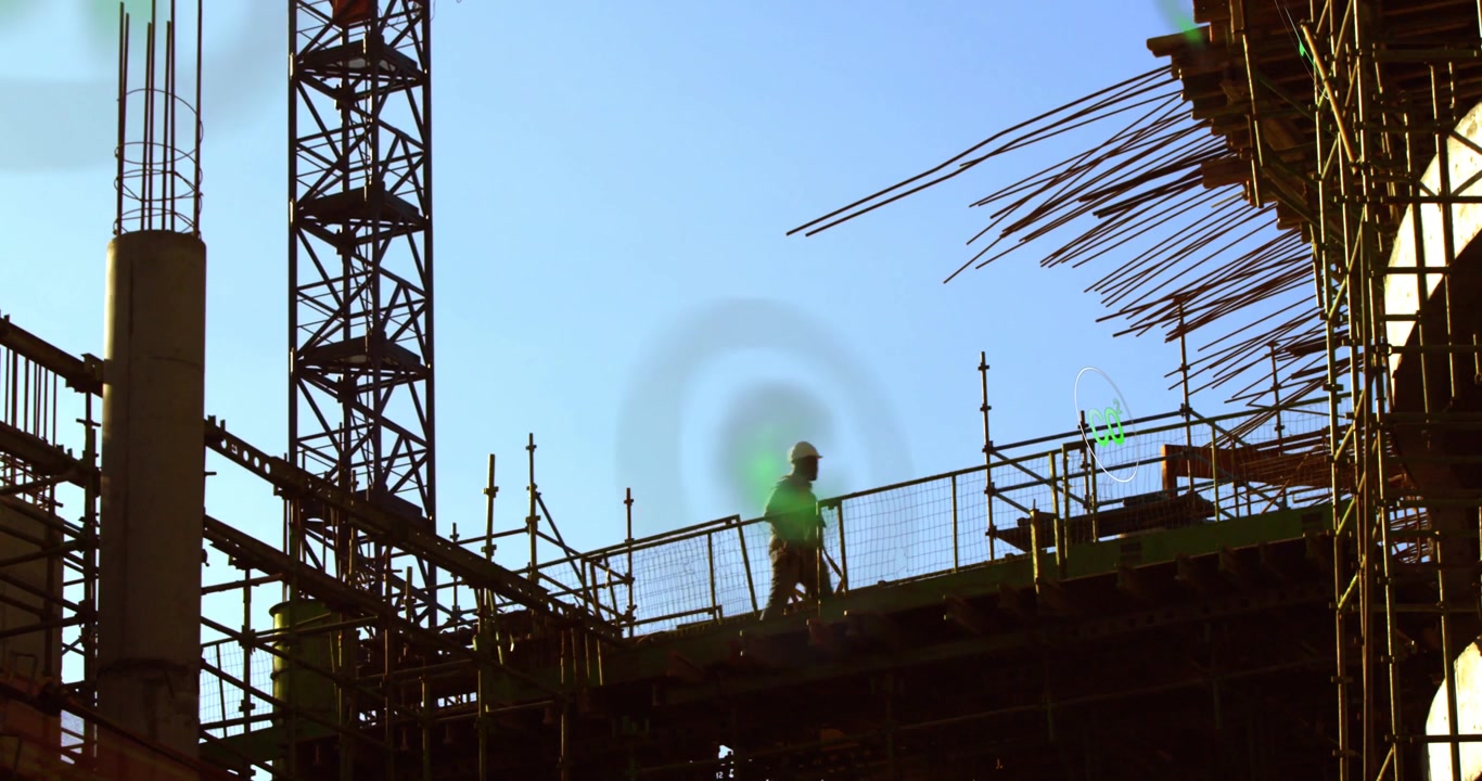 Vertical video: Walking site workers inspecting deck on high-rise, crane rebar HUD icons appearing