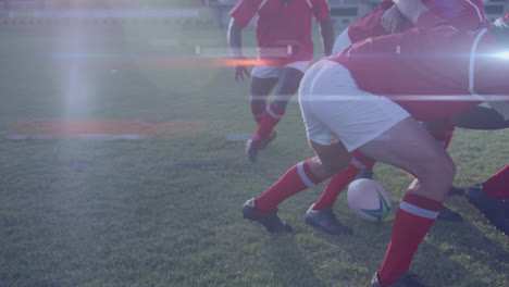 animation of glowing lights moving over diverse team of rugby players during game in field