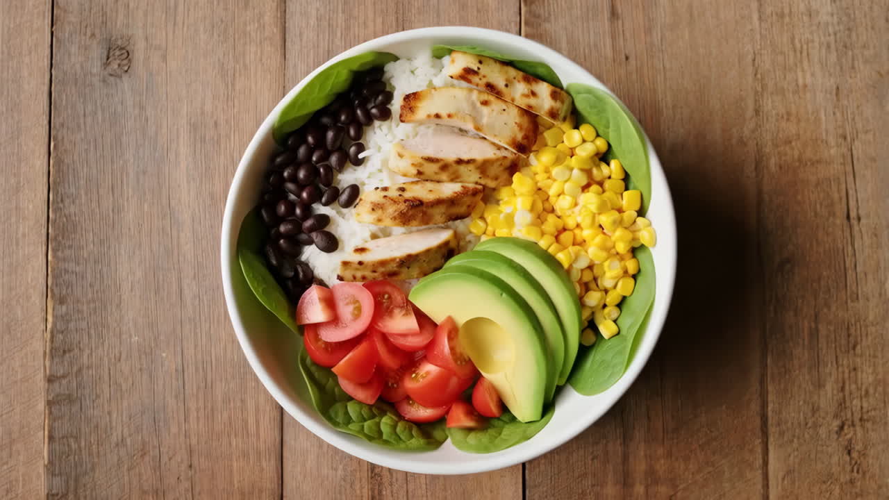 Chicken and rice bowl with black beans, corn, tomato, avocado, and spinach