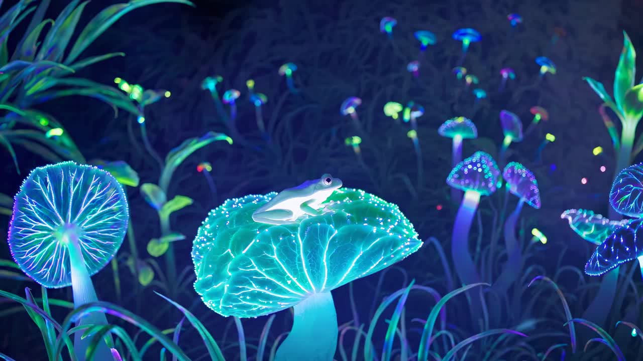 Una rana è seduta su un fungo luminoso in una foresta illuminata al neon. L'inquadratura dal basso esalta il surreale