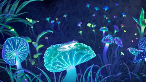 a frog sits on a glowing mushroom in a neon-lit forest. the low-angle shot enhances the surreal