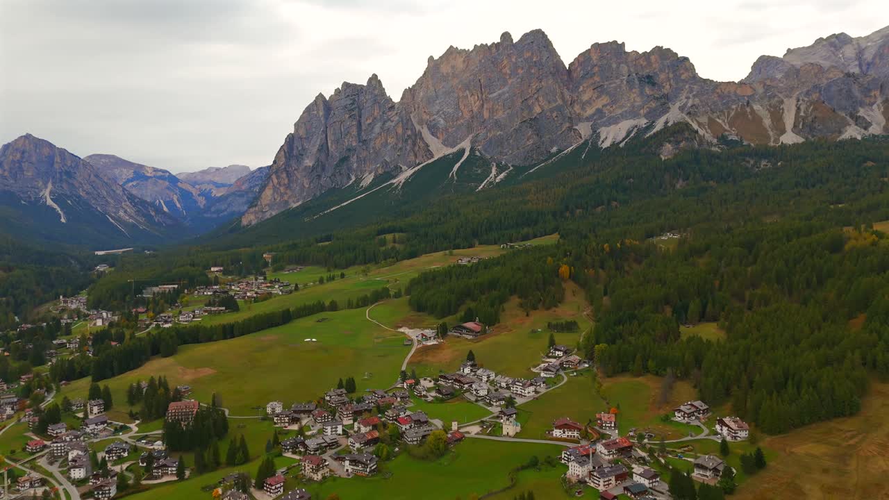 Aerial View of a Picturesque Village in the Dolomites Mountains