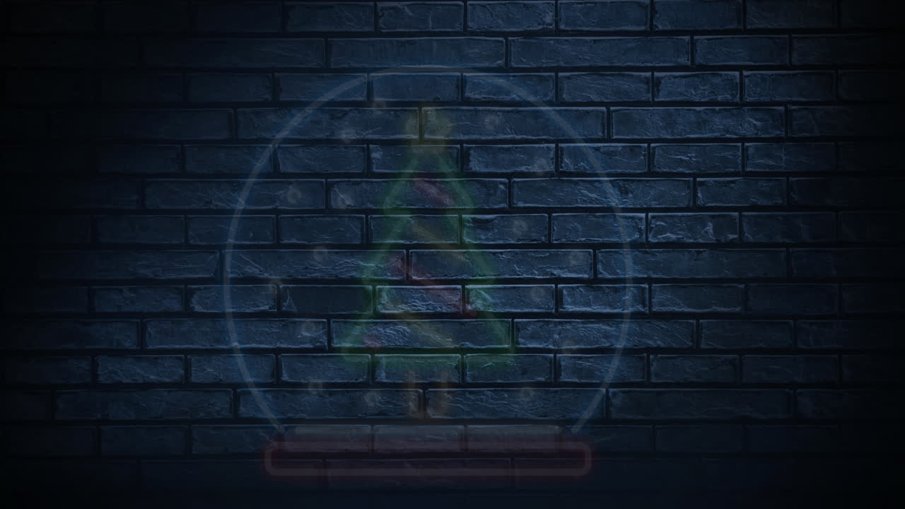Animation of brick wall with christmas tree in snow globe