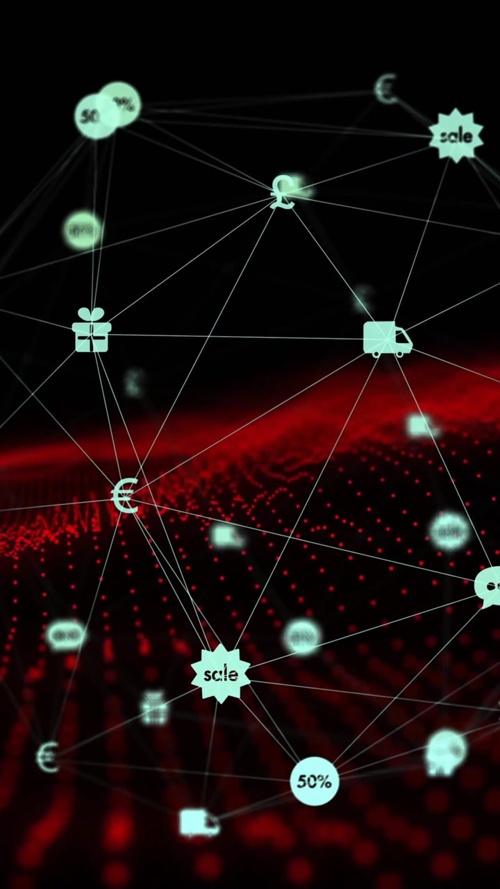 Animation of globe of connections with icons over red spots on black background
