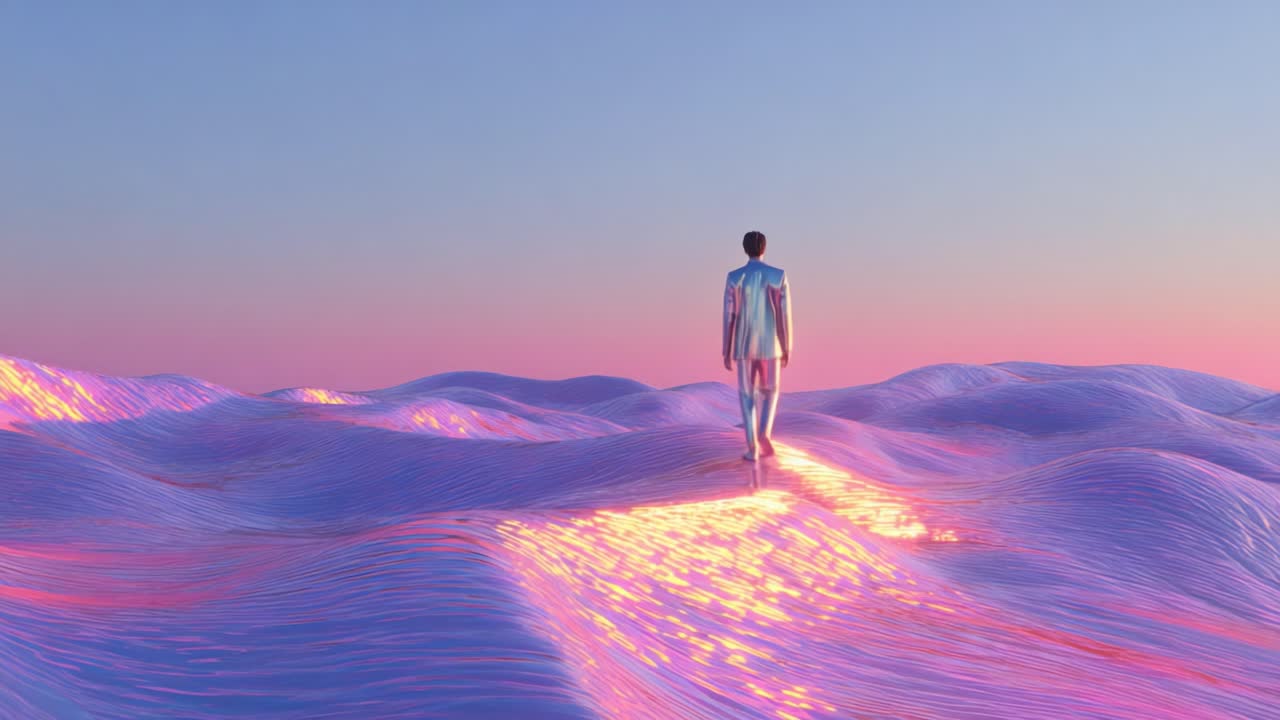 Person walking on a path across wavy landscape at sunset