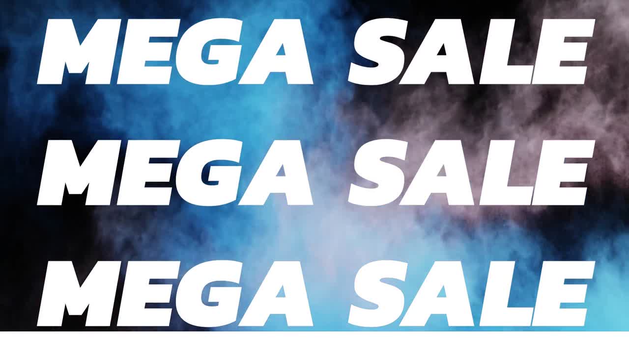 animación del texto de mega venta sobre nubes azules en movimiento