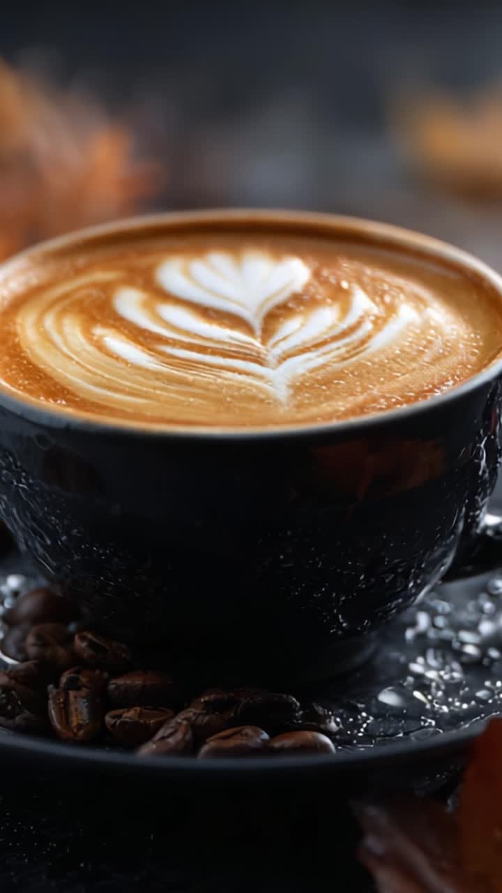 Lasciati conquistare dall'arte del caffè: primo piano di un latte macchiato realizzato ad arte con un intricato disegno di una foglia in una tazza nera circondata da chicchi di caffè