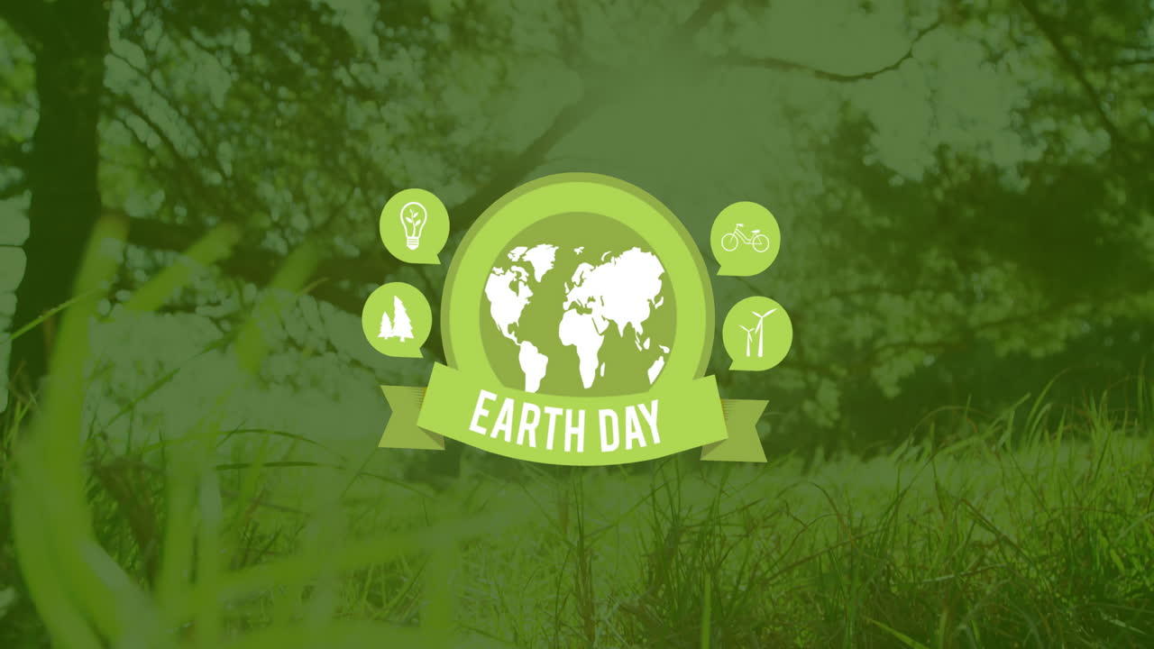 animación del texto del día de la tierra sobre el globo y la hierba con árboles