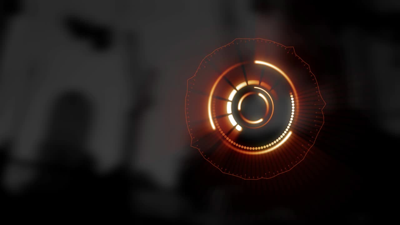 video compuesto digital de un escáner redondo brillante girando contra el paisaje urbano en el fondo