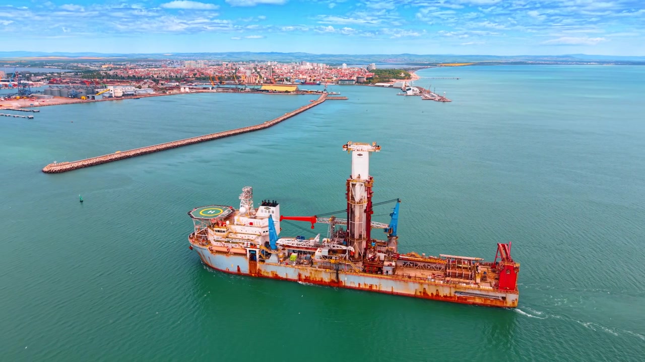 Side view aerial shot of offshore drilling ship near harbor. Offshore drillship with central derrick tower sailing along a long stone breakwater near a city harbor under blue sky.