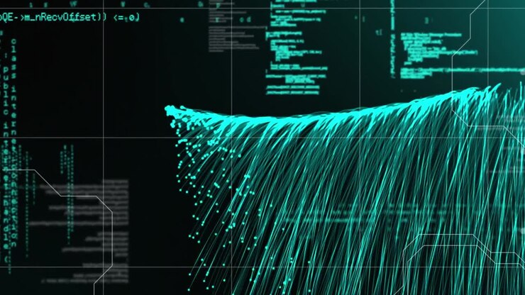 Animazione di elaborazione dati su griglia ed esplosione di scie di luce verde