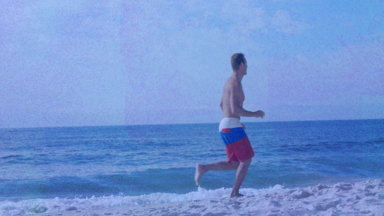 man running barefoot on sandy beach, with animated wave icons and fitness chart overlay