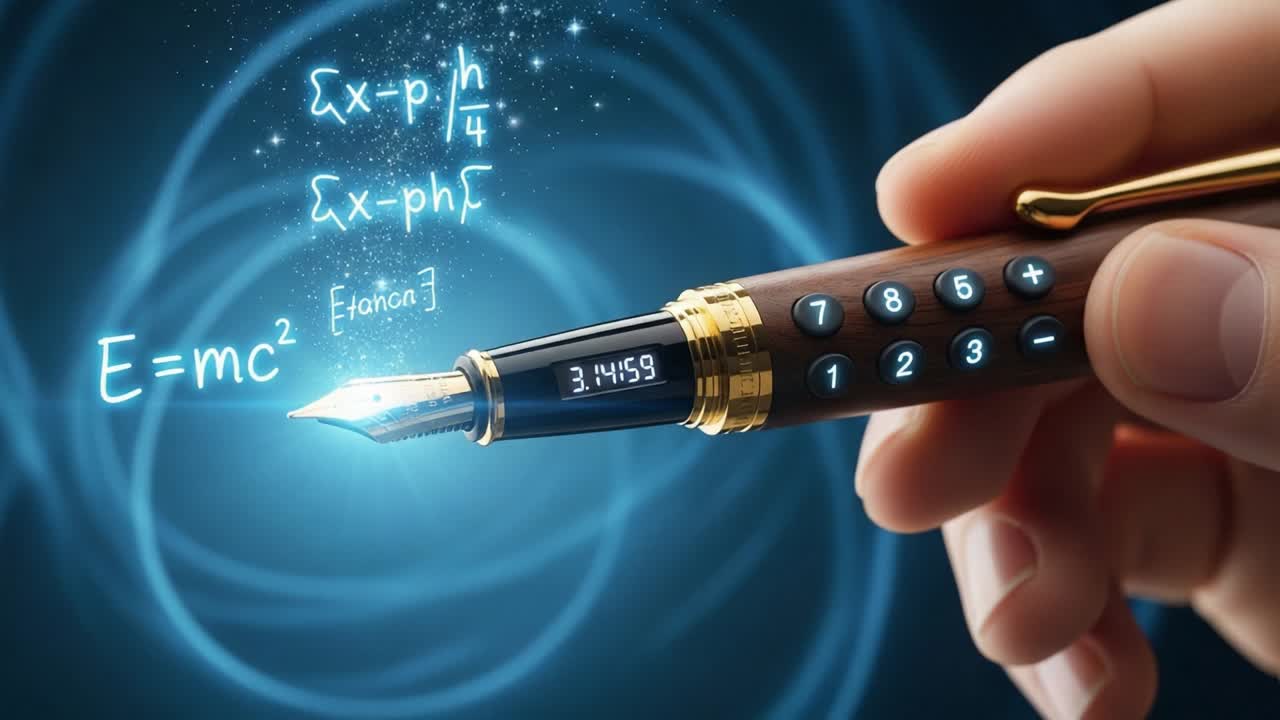 A Close-Up of a Hand Holding a Sophisticated Pen with Mathematical Equations and Scientific Notations Illuminated in a Dynamic Light Background