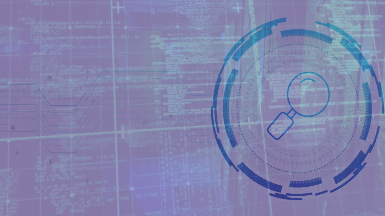Digital code analysis with magnifying glass icon and animation on screen