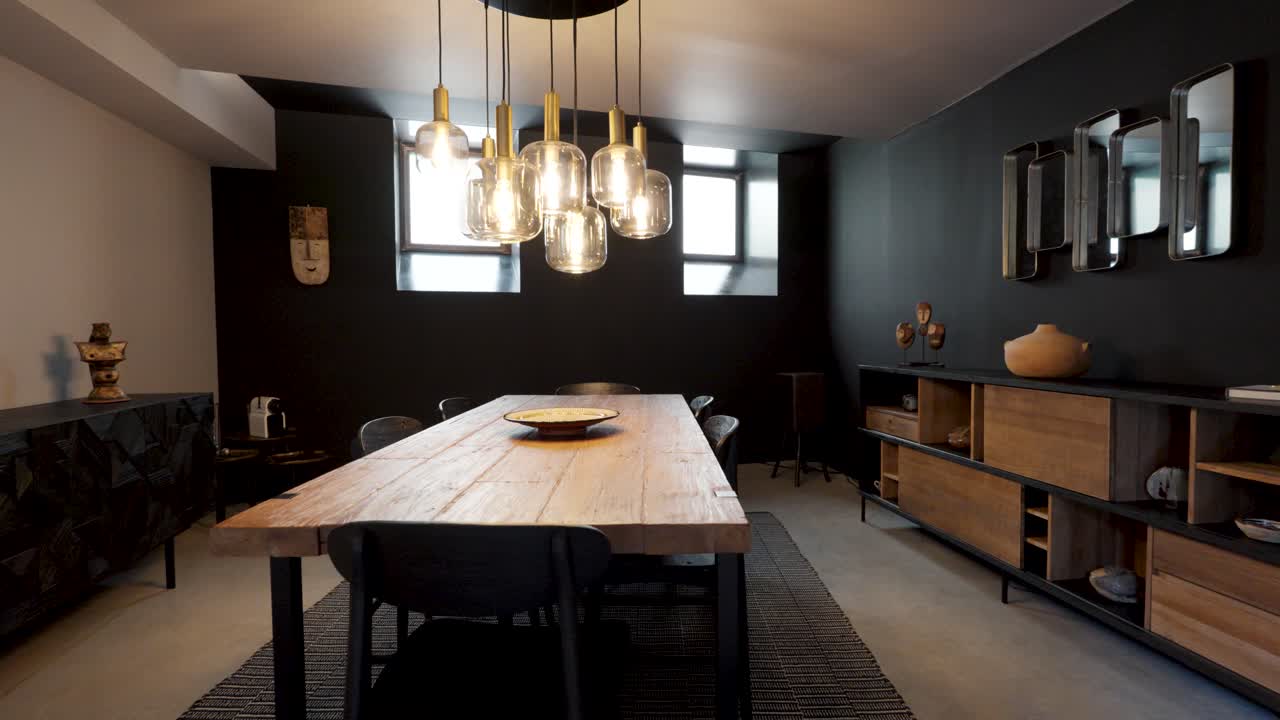 modelo arquitectónico renderizado de un comedor interior, con una mesa, sillas, lámparas y una configuración decorada con estilo, ideal para conceptos de comedor sofisticado y diseño de hogar elegante