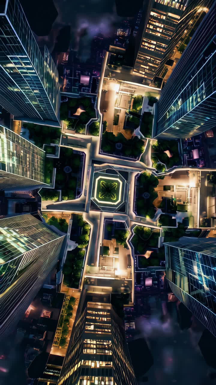 Aerial Night View of a Futuristic Urban Cityscape with Illuminated Pathways and Green Spaces