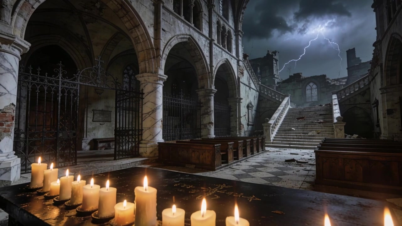 Flickering row candles casting light as camera pulling back in gothic nave, lightning showing ruins