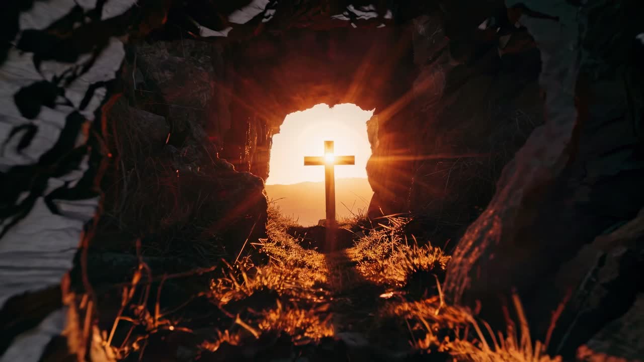 A cross silhouetted against a sunrise, captured from a low angle