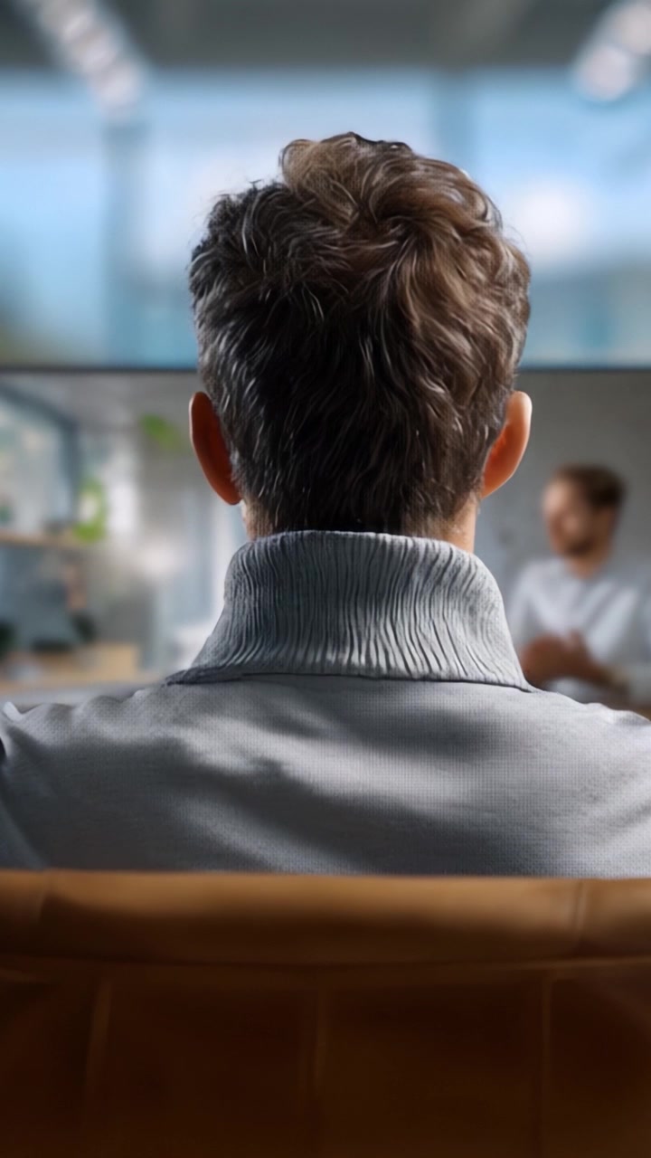 Una Persona Contemplativa si dedica a una Riflessione Profonda mentre Osserva una Discussione in uno Spazio di Lavoro Moderno, evidenziando Temi di Comunicazione e Connessione