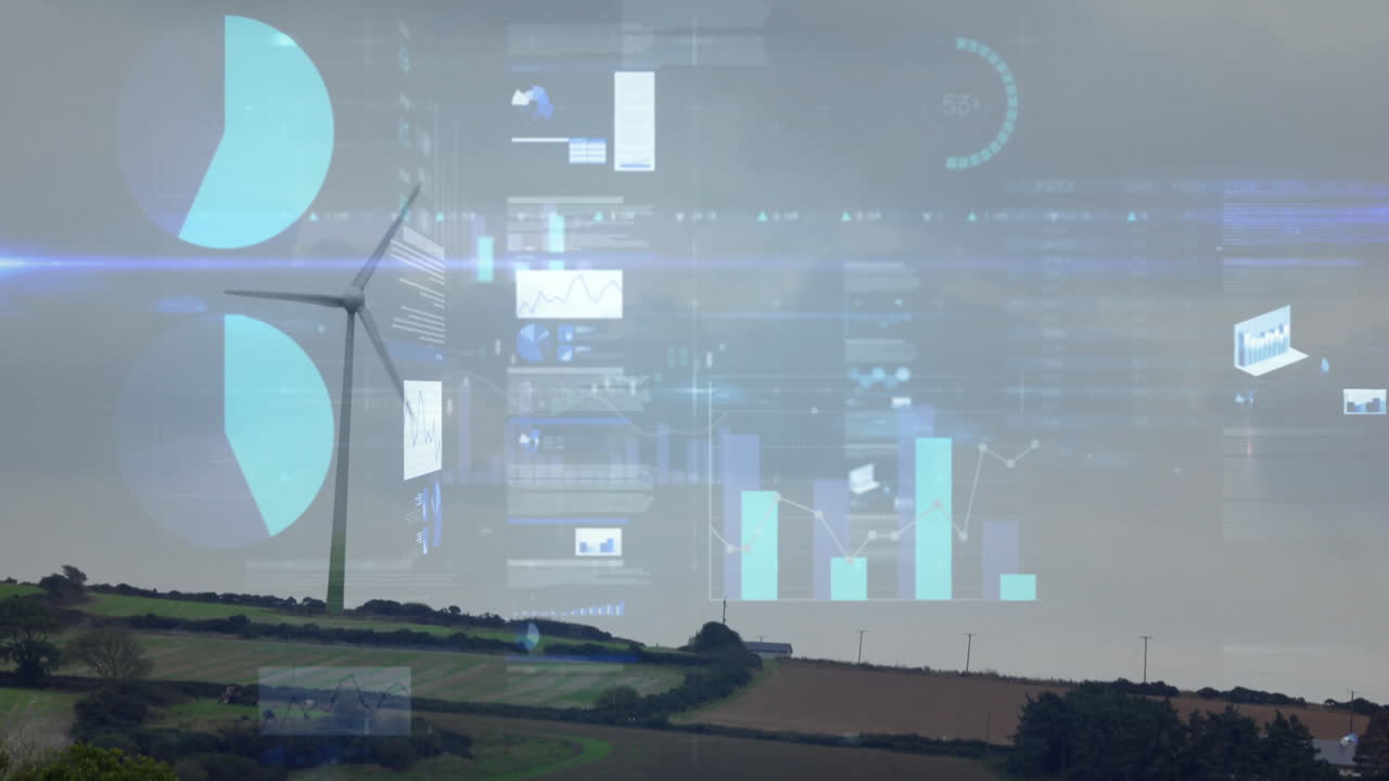 Wind turbine in landscape with data charts and graphs overlay animation