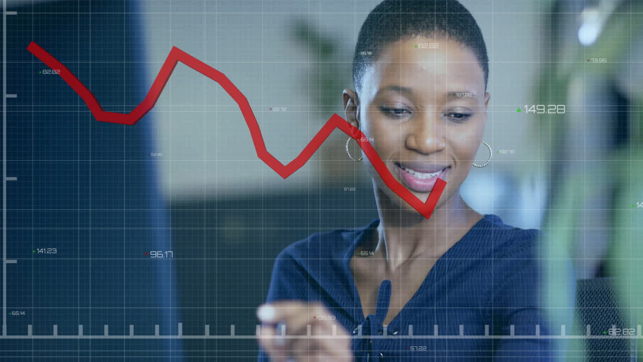 Animation of financial data processing over african american businesswoman working in office
