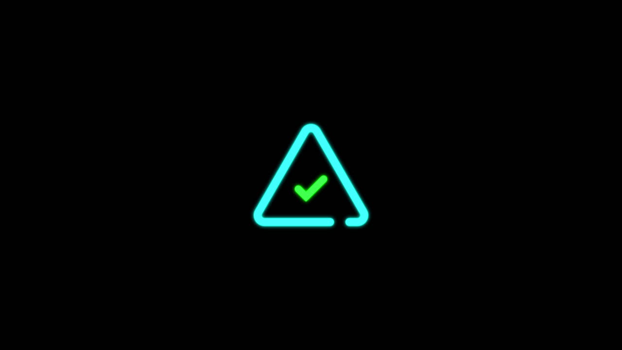 Neon Blue Triangle with Green Checkmark Animation on Black Background
