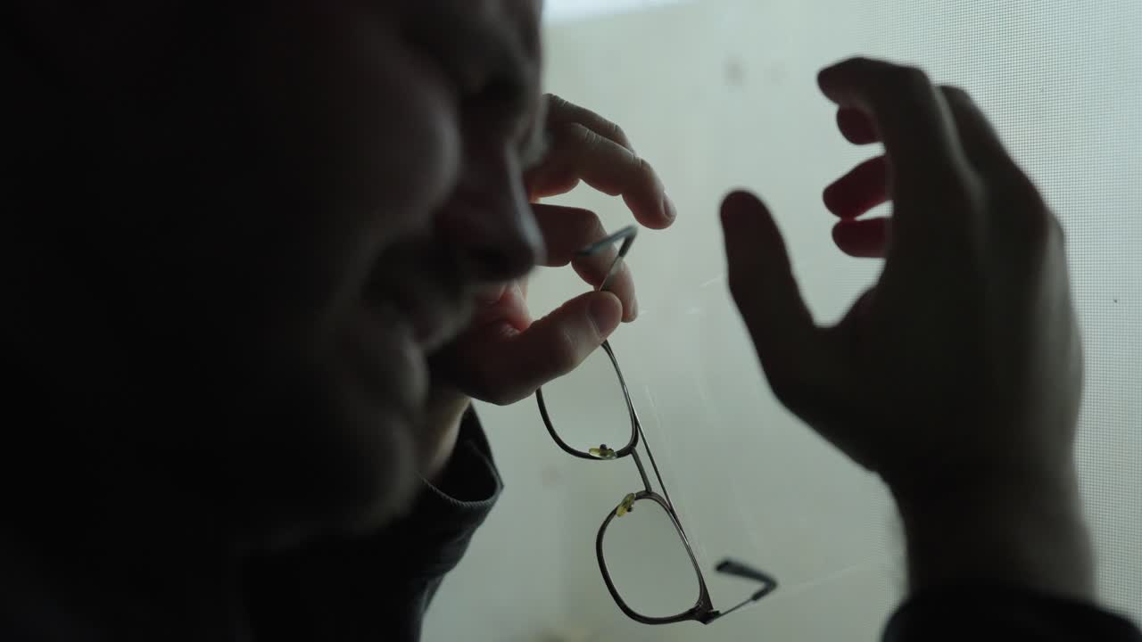 Emotional close-up of a man near a window wiping tears while holding his glasses, conveying grief and exhaustion in a dark, cinematic mood. Ideal for mental health, depression, burnout, loss, and pers