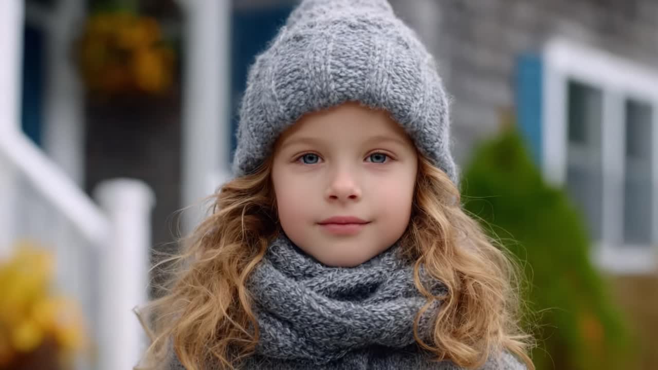 Captivating Childhood Moments: A Young Girl in a Cozy Grey Hat and Scarf Expresses Wonder in a Scenic Fall Setting