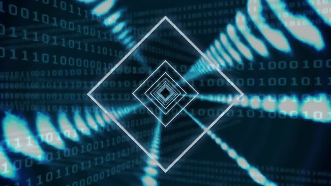 Animation of tunnel made of squares over binary code on black background