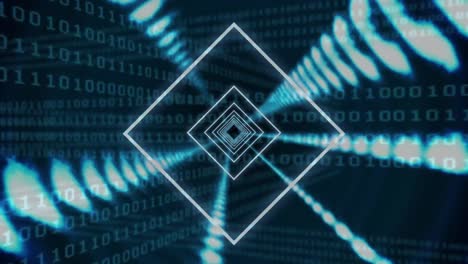 animation of tunnel made of squares over binary code on black background