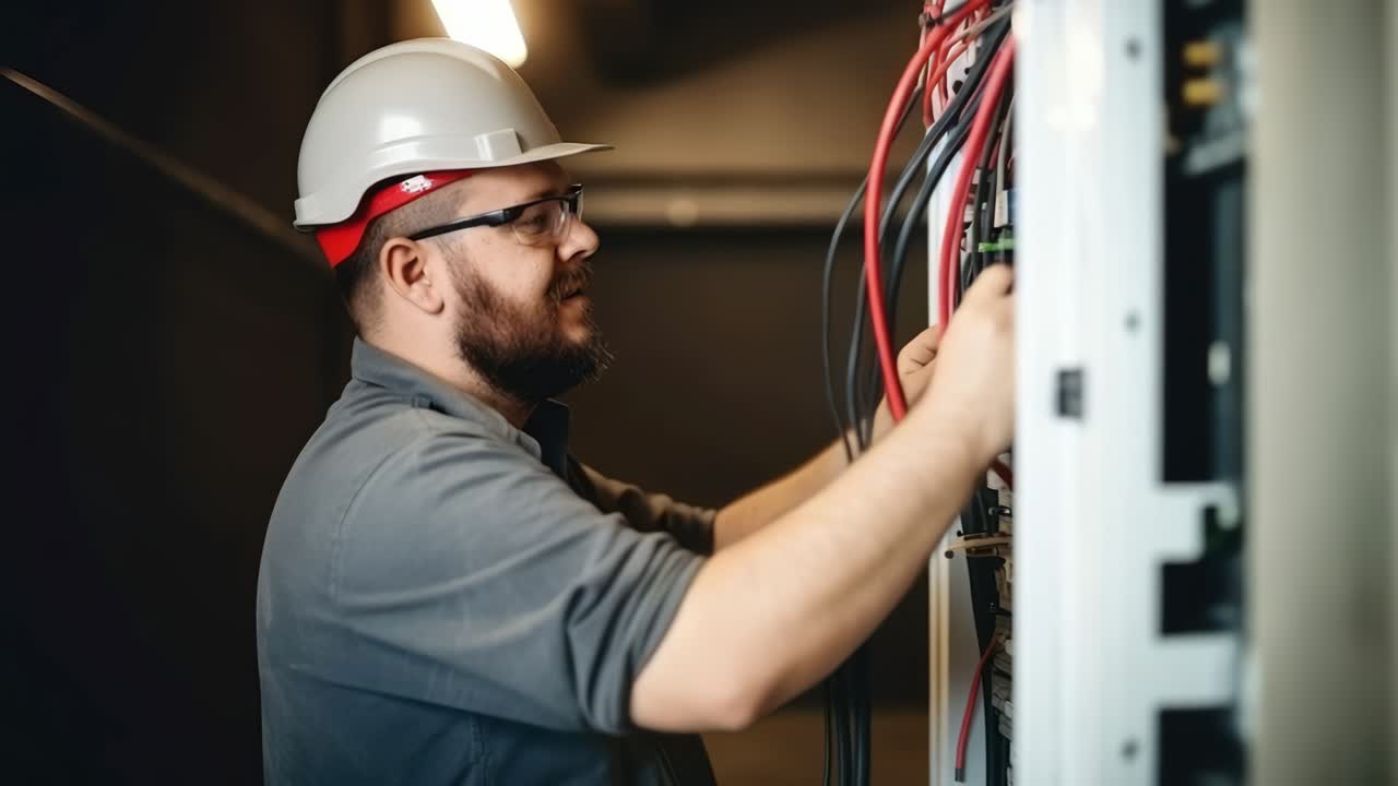 Side angle video of an electrician in a hard hat and safety glasses working on wiring