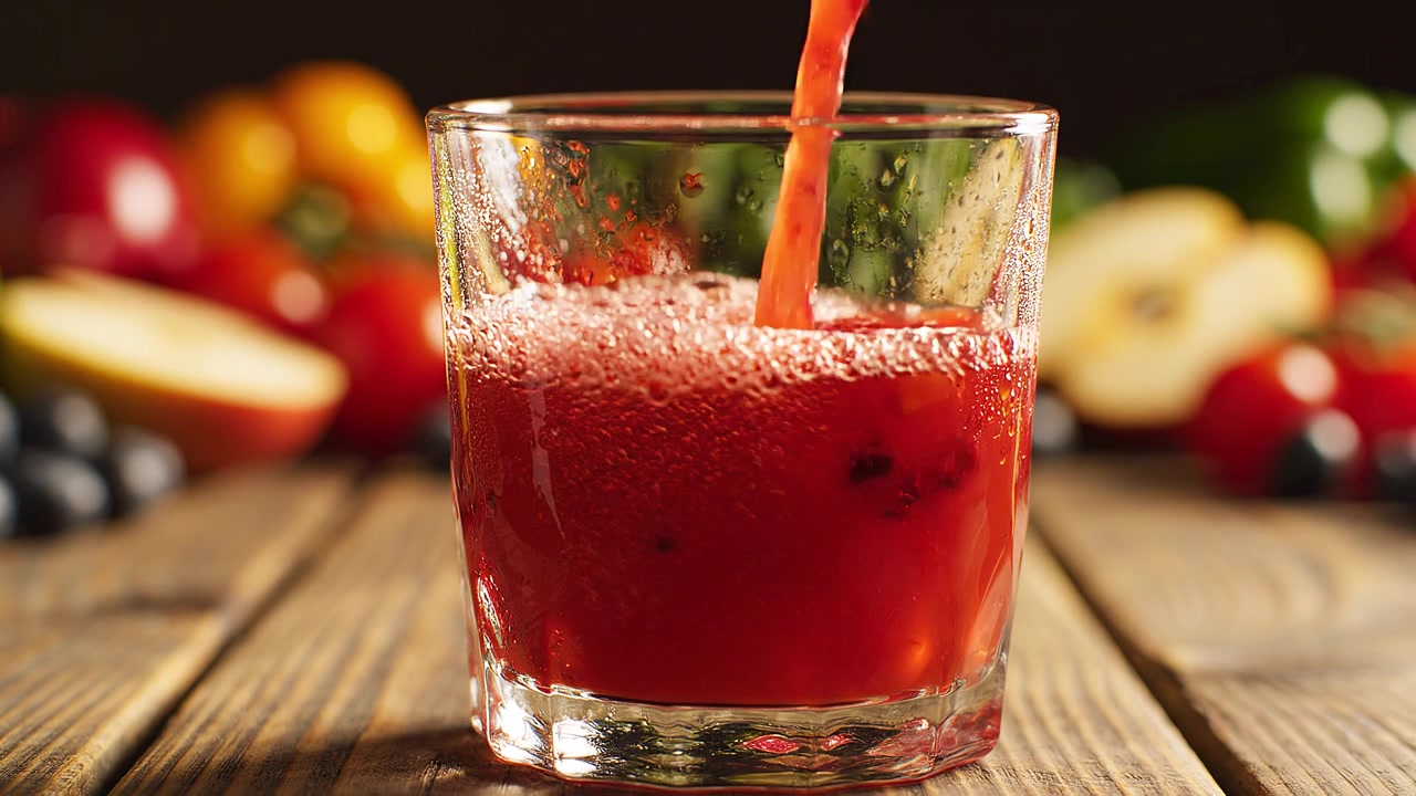 Succo fresco di frutti rossi che si versa in un bicchiere su legno