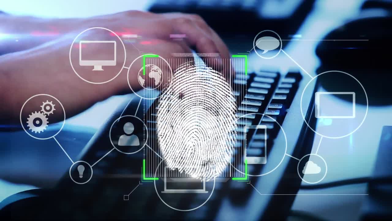 Fingerprint scanner and network icons against person typing on keyboard