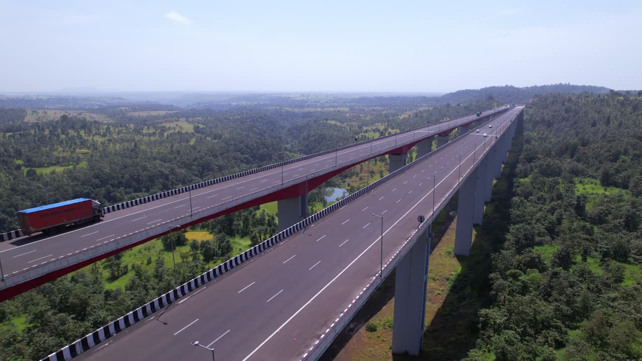 Mumbai Nagpur Expressway viaduct bridge in Western Ghats valley, Maharashtra, Drone view